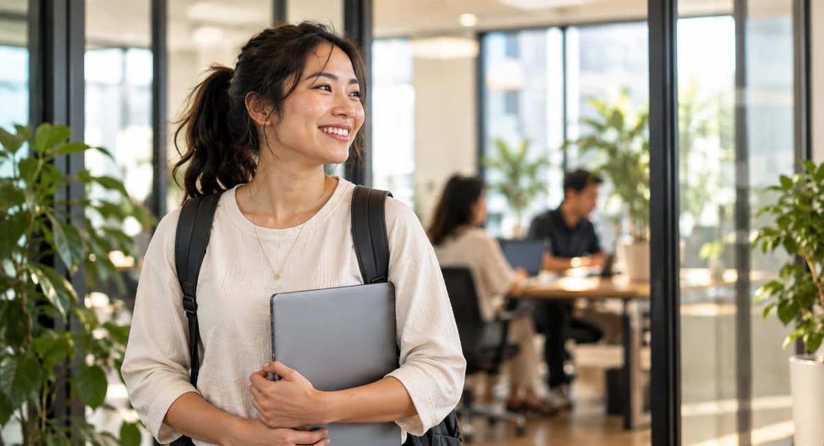 A new colleague being welcomed into a bright, open workplace on their first morning
