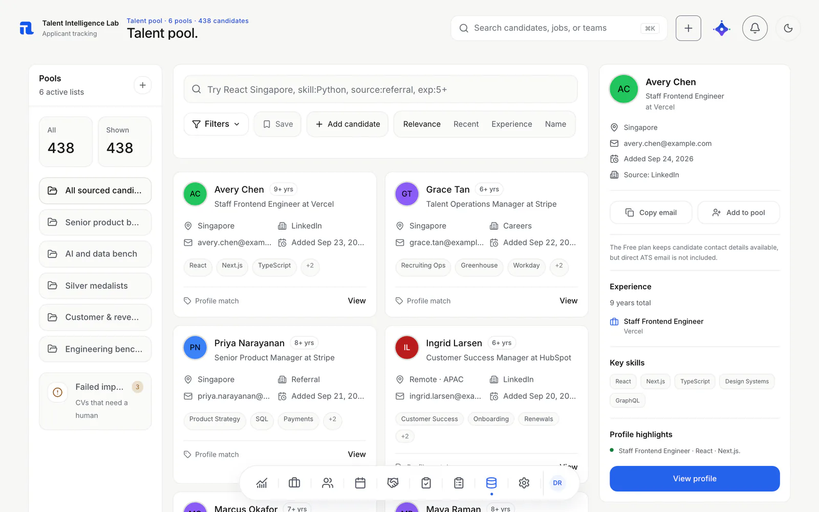 TiLab talent pool with saved pools, a skills search, candidate cards and a selected candidate's profile summary.